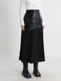 Toloer Street Wind Long Leather Skirt 2024 Autumn And Winter New Fashion High Waist Stitching Mesh Pressure Pleated Skirt Female-Outfit