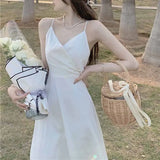 Party French Vintage Midi Fairy Dress Women Casual Bandage Solid Beach Sexy Strap Dress Females Party Basic V-neck Korean Dress