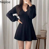 Vintage Woman Dresses V-neck Lantern Sleeve Knit Robe Elegant Vestidos De Mujer Fashion Korean Sweater Y2K Mini