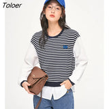 Women Sweatshirts 2022 Autumn Long Sleeve O Neck Loose Hoodies Stripe Fake Two Pieces Chic Casual Streetwear