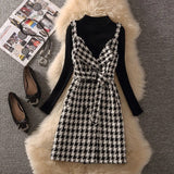 Houndstooth Sleeveless Vest Dress Women 2 Piece Set Elegant Belted Double Breasted Tank Dress Black Sweater Female
