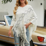 Autumn Winter Women Sweaters Poncho Knitting Capes Cloak Sweater V-Neck Irregular Hem Tassels Coat Striped Knitted