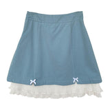 Kawaii Lolita Blue Mini Skirt Women Japanese Sweet Cute Ruffle Bow Patchwork Fairycore High Waist Short Skirt Soft