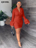Fashion Women's Bodycon Party Dress Classic Nothced Collar Ruffle Long Sleeve Dresses Simple Button Decoretion