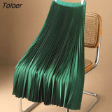 Elegant Satin Long Pleated Skirt Woman Spring Summer Elastic Waist A Line Skirts for Women Office Wild Green Midi