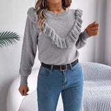 Shooting 2025 Autumn And Winter Elegant Solid Color Lotus Leaf Side Long-Sleeved Jacket Sweater Women's