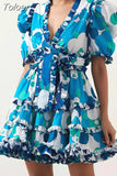 Colorblock Lace Up Dresses For Women V Neck Puff Sleeve High Waist Patchwork Edible Tree Fungus Mini Folds Dress Female