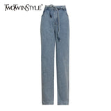 Blue Casual Full Length Wide Leg Pants For Women High Waist Lace Up Jeans Female 2021 Autumn Clothing Fashion