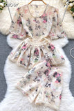 Flower Embroidery Lace Shorts Set Women Short Sleeve Hollow Out Ruffles Shirt Top+Wide Leg Shorts Summer 2 Piece