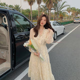 Elegant Sweet Dress Women Long Sleeve Chiffon Floral Dress Party Beach Dress for Females Korean Style 2021 Summer