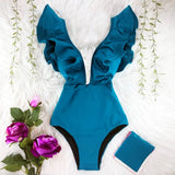 New Print Swimwear Deep V-Neck Ruffle Swimsuit Push Up One Piece Swimsuit Beach Wear Backless