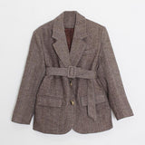 Women Autumn Winter Wool Coats With Belt Casual Turn Down Collar Long Sleeve Pocket Outerwear Female Elegant Office