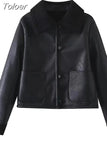 MODA Autumn Women Fashion Warm Faux Leather Black Short Jacket Coat Vintage Long Sleeve Button Pocket Female Chic