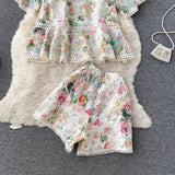 Flower Embroidery Lace Suit Set Women Batwing Sleeve Hollow Out Shirt Top+Wide Leg Shorts Runway Summer 2 Piece