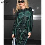 Striped Print Backless Long Sleeve Maxi Bodycon Dress 2023 Spring Autumn Women Sexy O Neck Skinny Long Dress Club