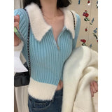 Fur Knitted Sweater Women Design Slim Elegant Zipper Pullover Office Lady Casual Y2k Crop Tops Korean Fashion 2022