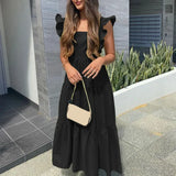 2022 Summer Maxi Sundress Women Sexy Sleeveless Ruffle Dress Bohemian Square Collar Casual Solid Beach Party Vestido