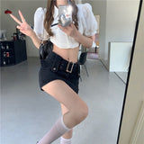 Sexy Punk Denim Micro Skirt Women Y2K Skort Summer Korean Belt Low Waist Slim Black Jeans Skirt Shorts Egirl