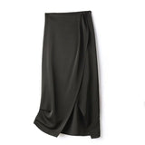 Spring Summer Silk Satin Women's Skirts Fashion Forked Slim Elegant Casual Design Aesthetic High Waist Midi Skirt