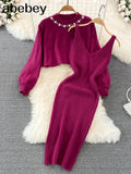 Beading Knitted Women Sets Loose Long Sleeves Sweater+ Solid Elastic Dress French Style Casual Two Piece