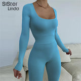 Sisterlinda Fitness Tracksuit 2Piece Set Women Skinny Bodycon-Shaping Bodysuits+High Waist Sporty Leggings Activewear