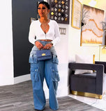 Women's Tie Jeans Women's Fashion High-Waist Multi-Pocket Gradient Wide-Legged