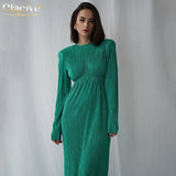Gifts Fashion O-Neck Green Office Women'S Dress 2022 Elegant Long Sleeve Pleated Midi Dresses Casual Slim Black Female