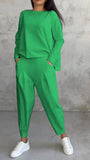 New Women's Pure Color Round-Neck Long-Sleeved Suit Women's Pocket Trousers Trousers