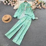 Ethnic Style Print Women Sets Mini Camis Long Sleeve Shirt Top+High Waist Wide Leg Pants Autumn Three Pieces