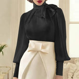 Fashion Women Party Blouse Long Lantern Sleeve Shirt 2022 Autumn Bow Tie Elegant Office Ladies Top Tunic Blusas