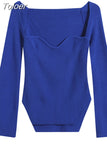 2023 New Autumn Sexy Stylish Sqaure Collar Full Sleeves Knitting Pullover Sexy Slim T-shirt Female Top