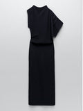 Fashion Women's Knitted Dress Round Collar Asymmetry One Shoulder Half Sleeve Pleated Black Dresses Spring 2023 New