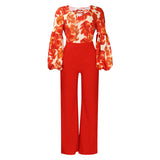 Large-Size Women's New Fashion Print Strapped With Broad Leg Pants Two-Set