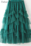 Casual Purple Patchwork Ruffle Ball Gown For Women High Waist Design Solid Elegant Mesh Skirts Female Summer Fashion