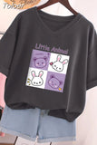 Plus Size T Shirt 100% Cotton L-5XL Tshirt Short Sleeve Women Top 2023 Summer Cartoon T Shirt V Neck Oversized T