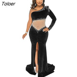 Party Night Club Dresses Long Women Diamonds Velvet Maxi Dress Sexy One Shoulder Female Women Clothes Robe Gown