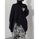Black Irregular Hem Knitting Sweater Turtleneck Long Sleeve Women Pullovers New Fashion Tide Autumn Winter 2023