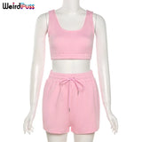 Puss 2 Piece Sets Women Casual Cotton Tracksuit Fitness Tank Top Drawstring Shorts Activity Stretchy Summer Street