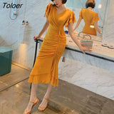 Fashion Party Dress Women Elegant Summer Sexy Ruffle Sleeve V-Neck Orange Mermaid Midi Club Prom Beach Stretch Robe