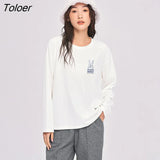 Women Tees 2022 Autumn Winter Long Sleeve O Neck Loose Tshirt Rabbit Print White Pure Cotton Casual Basic All Match