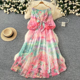 Spring Holiday Style Dress Woman 2025 New Shoulder Strapped Belt Waist Lantern Sleeve Print Chiffon Long