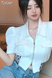 Blusas De Mujer Summer Blouses for Women Puff Sleeve Zipper Crop Tops Temperament Shirts Fashion Korean Tunic White