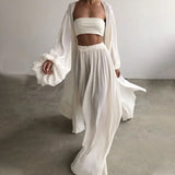 Soft Women Three Piece Set Fashion Wrap Cardigan Tops + High Waist Pants Suit Female Casual Simple Tracksuit Women