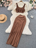 Split Sexy Fashion Two Pieces Suits Summer Mini Camis+Elastic Drawstring Slim Midi Long Skirt Sets Women Solid