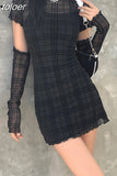 Black Mesh Plaid Dress 3 Piece Set Dark Academia Mall Goth Sexy Bodycon Mini Dress Egirl Style Clothes