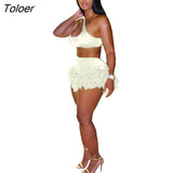 Solid Feather Fringe Shorts Crop Top Two Piece Set Summer Streetwear Women Sexy Bodycon Tracksuit Party Outfits
