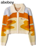 2022 Women Winter Cardigans With Turn-Down Collar Seaside Scenery Print Long Sleeve Knitted Outwear Green Yellow