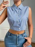 2025 Women's Shirt Behind The Hollow Strap Striped Buttonless Sleeveless