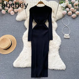 Solid Sexy Sweater Dress 2022 Women O Neck Long Sleeve Maxi Long Dress Autumn Streetwear Knitted Bodycon