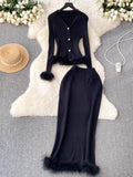 High-End Small Fragrant Style Two Sets Of Women's Atmosphere Knitted Open Fork Shirt
